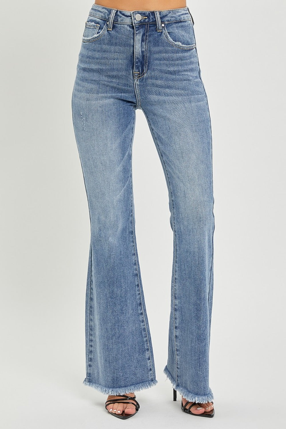 RISEN Full Size High Waist Raw Hem Flare Jeans - Harmony Haven - Essentials