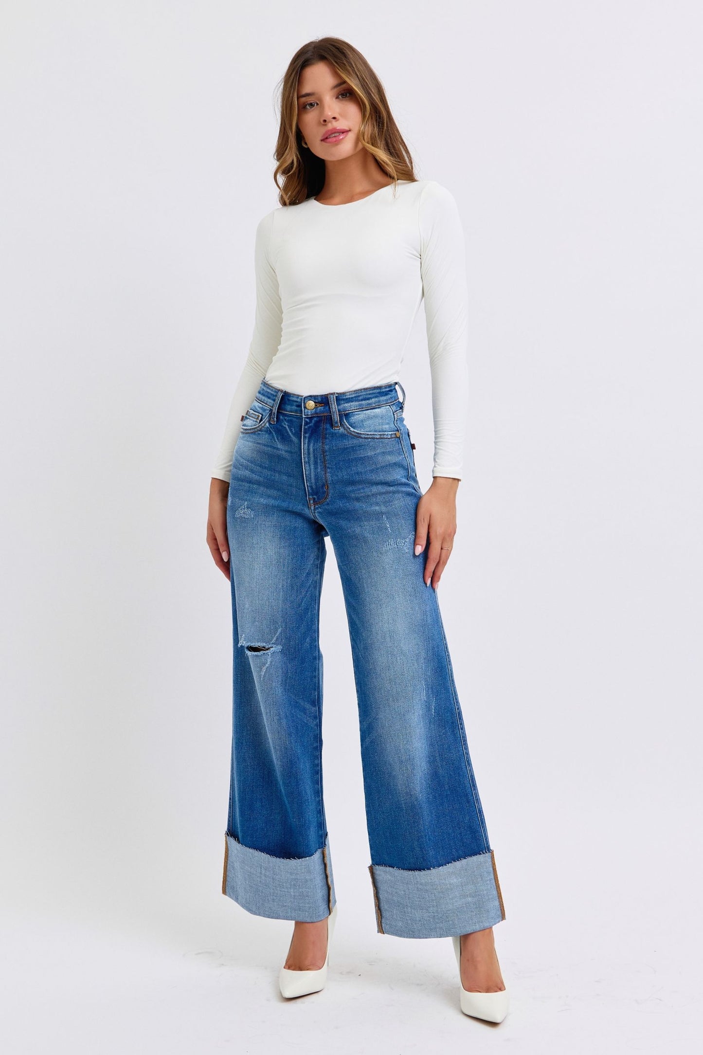 Judy Blue Full Size Distressed High Waist Wide Leg Jeans - Harmony Haven - Essentials