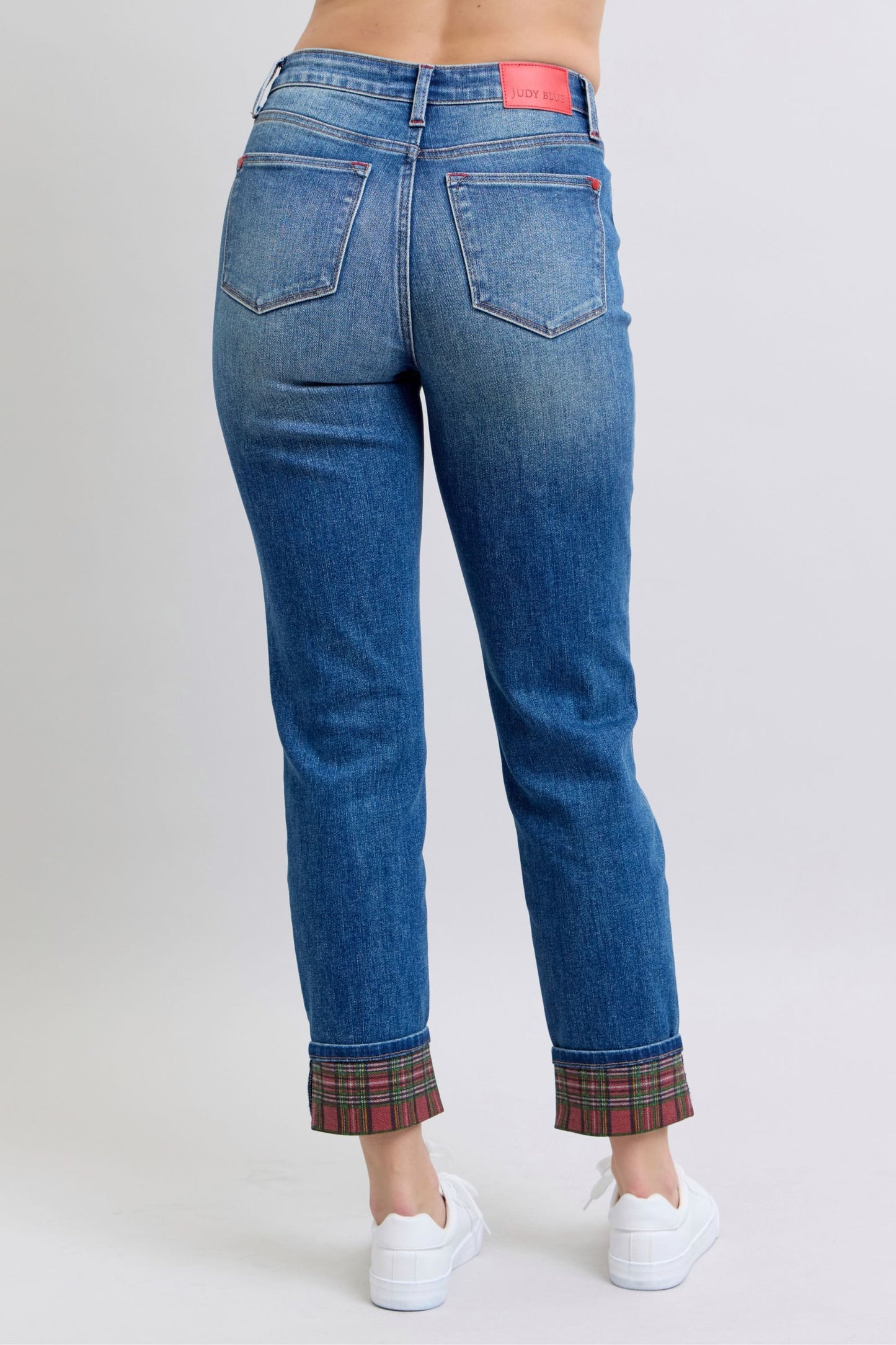 Judy Blue Full Size Plaid Print Cuff Straight Leg Jeans with Pockets - Harmony Haven - Essentials