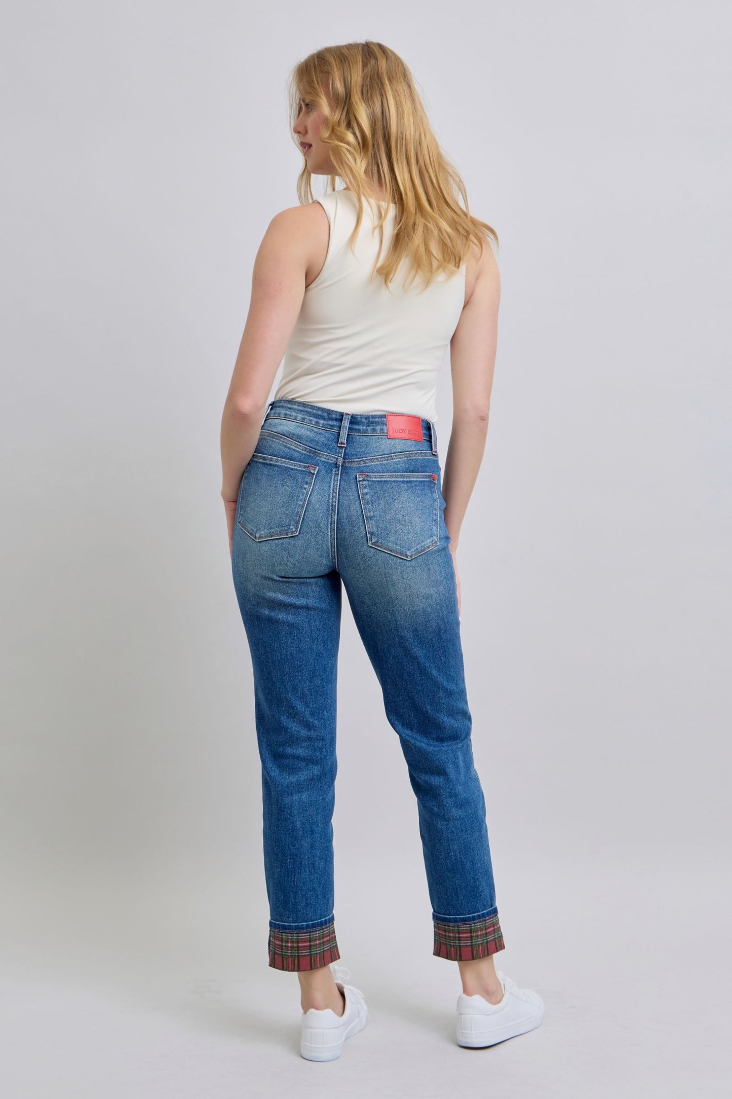 Judy Blue Full Size Plaid Print Cuff Straight Leg Jeans with Pockets - Harmony Haven - Essentials