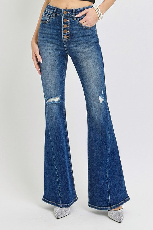 RISEN Distressed Button-Fly Flare Jeans - Harmony Haven - Essentials