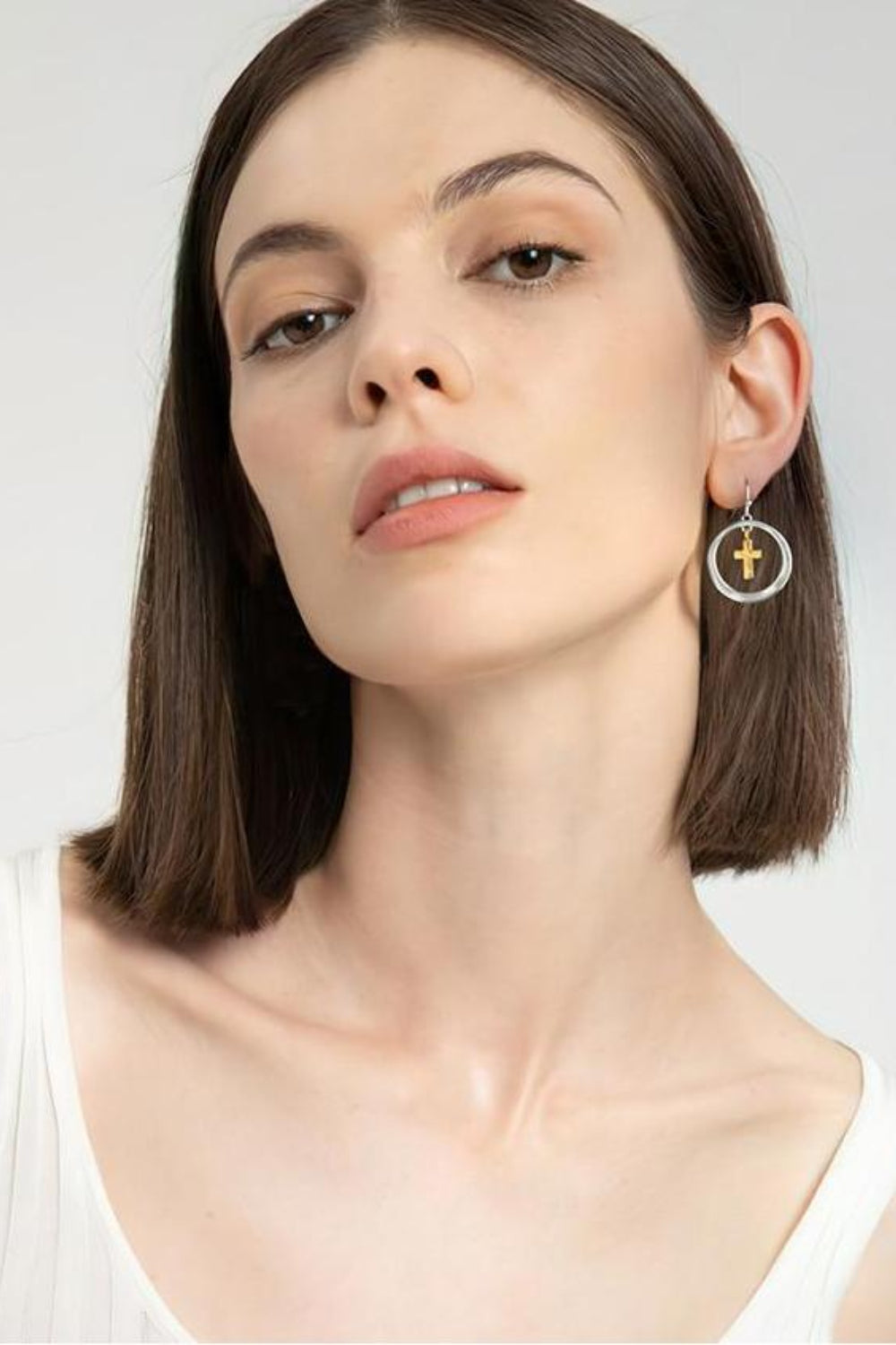 Brass Contrast Cross Dangle Earrings - Harmony Haven - Essentials