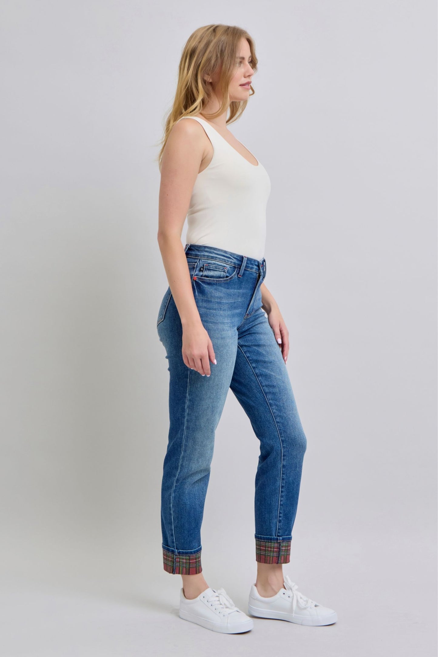Judy Blue Full Size Plaid Print Cuff Straight Leg Jeans with Pockets - Harmony Haven - Essentials