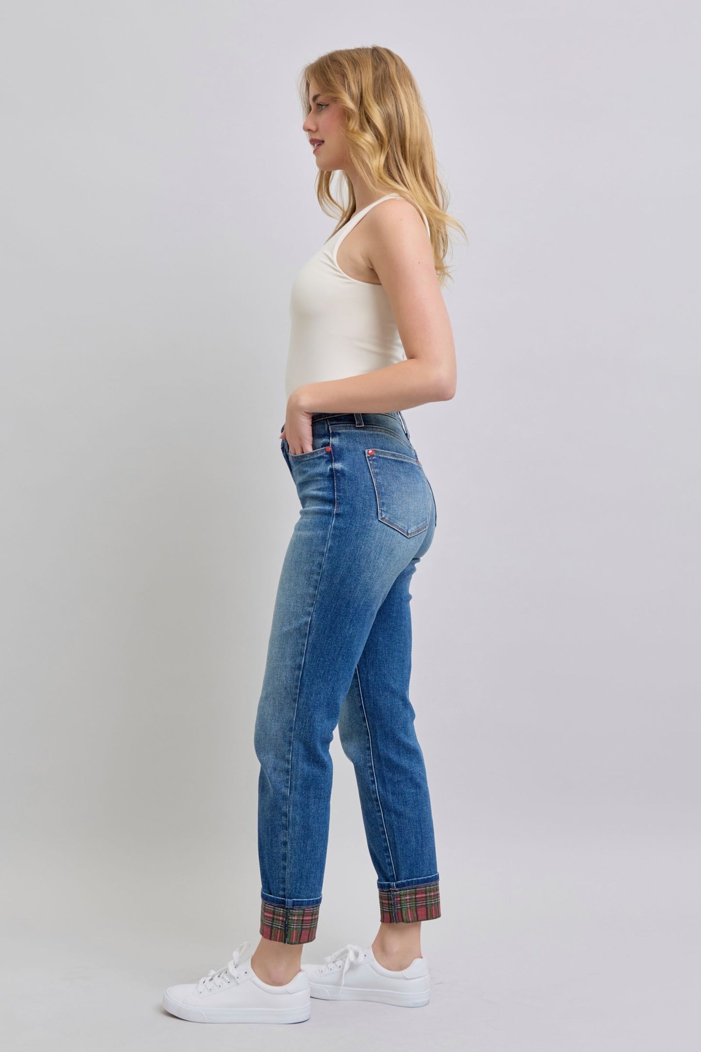 Judy Blue Full Size Plaid Print Cuff Straight Leg Jeans with Pockets - Harmony Haven - Essentials