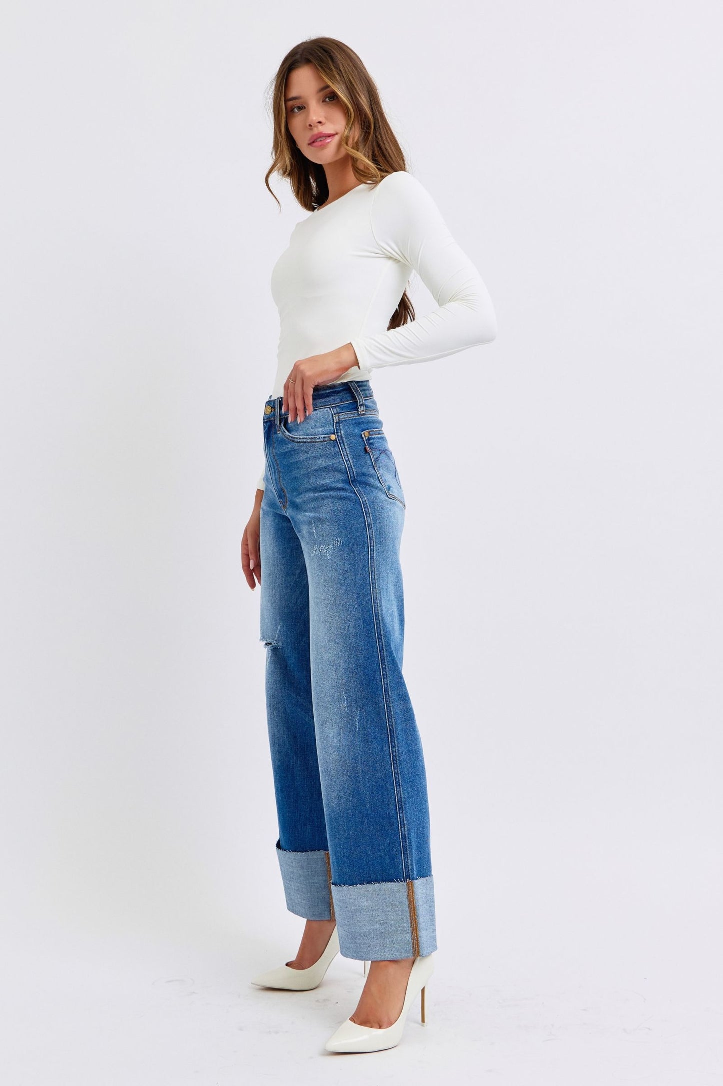 Judy Blue Full Size Distressed High Waist Wide Leg Jeans - Harmony Haven - Essentials