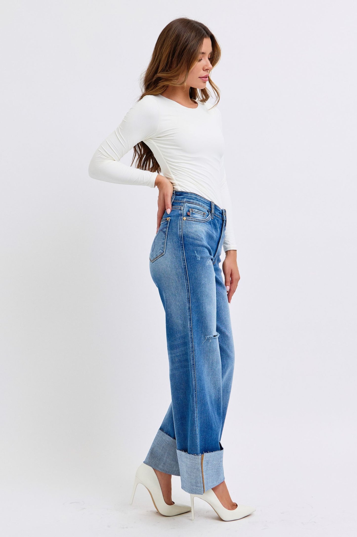 Judy Blue Full Size Distressed High Waist Wide Leg Jeans - Harmony Haven - Essentials