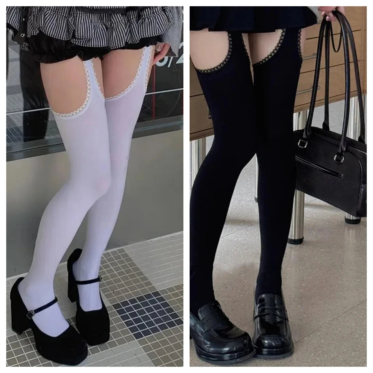 Women's White Suspender Thigh-High Stockings – 2-Piece Faux Garter Belt Tights Set - Harmony Haven - Essentials