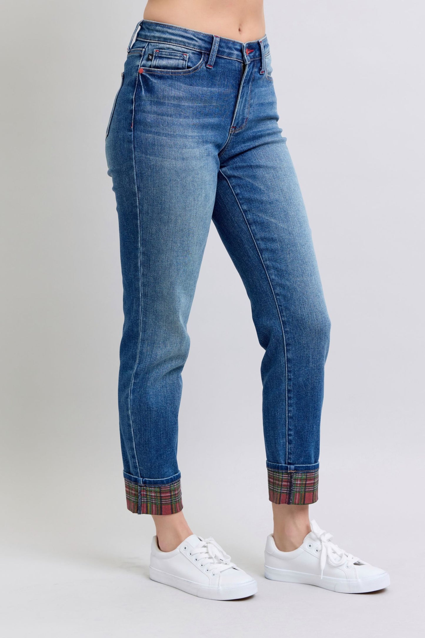 Judy Blue Full Size Plaid Print Cuff Straight Leg Jeans with Pockets - Harmony Haven - Essentials