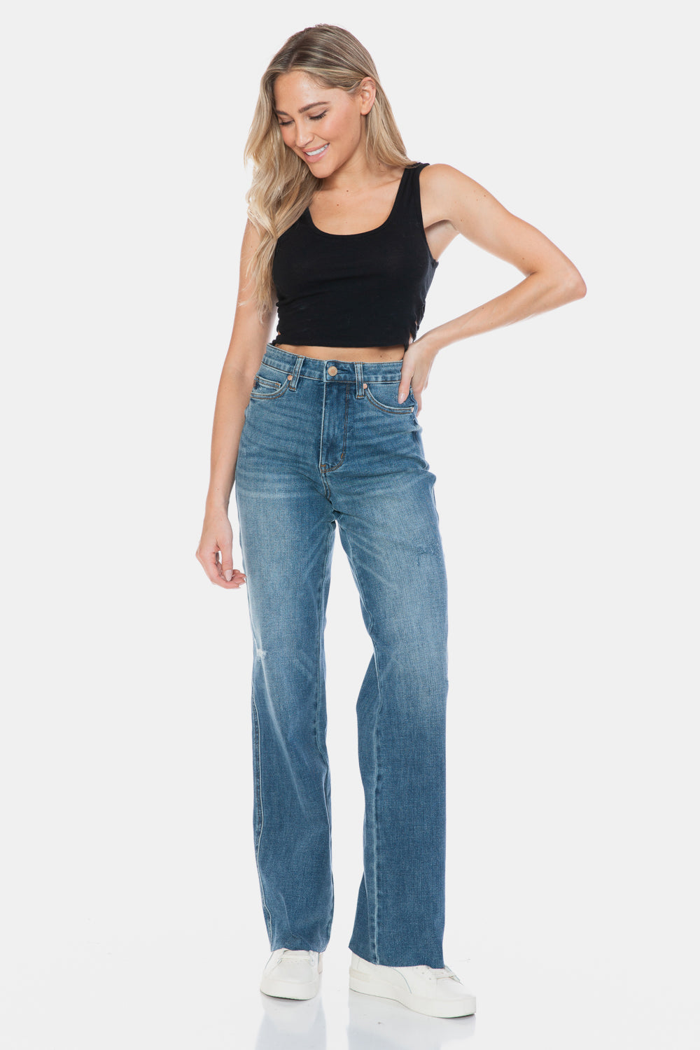 Judy Blue Full Size Tummy Control Cut Raw Hem Straight Jeans - Harmony Haven - Essentials