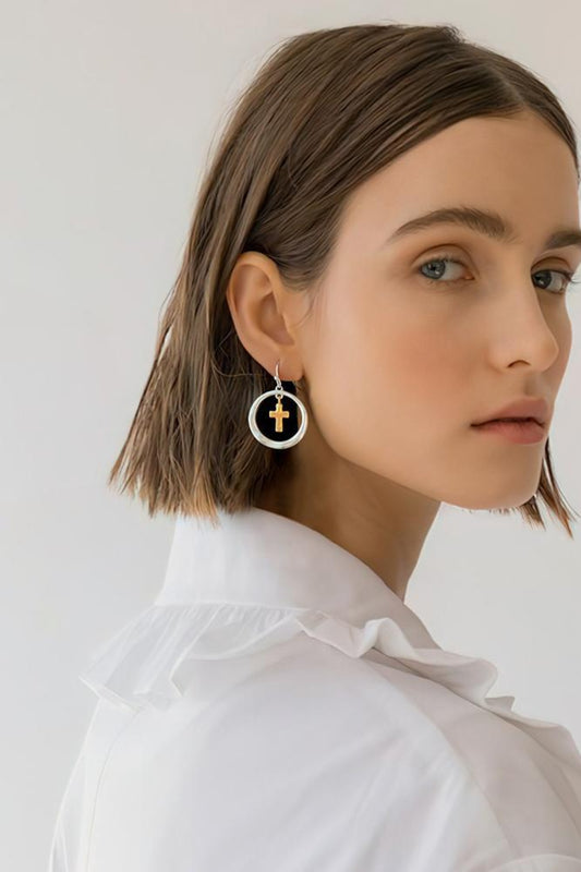 Brass Contrast Cross Dangle Earrings - Harmony Haven - Essentials