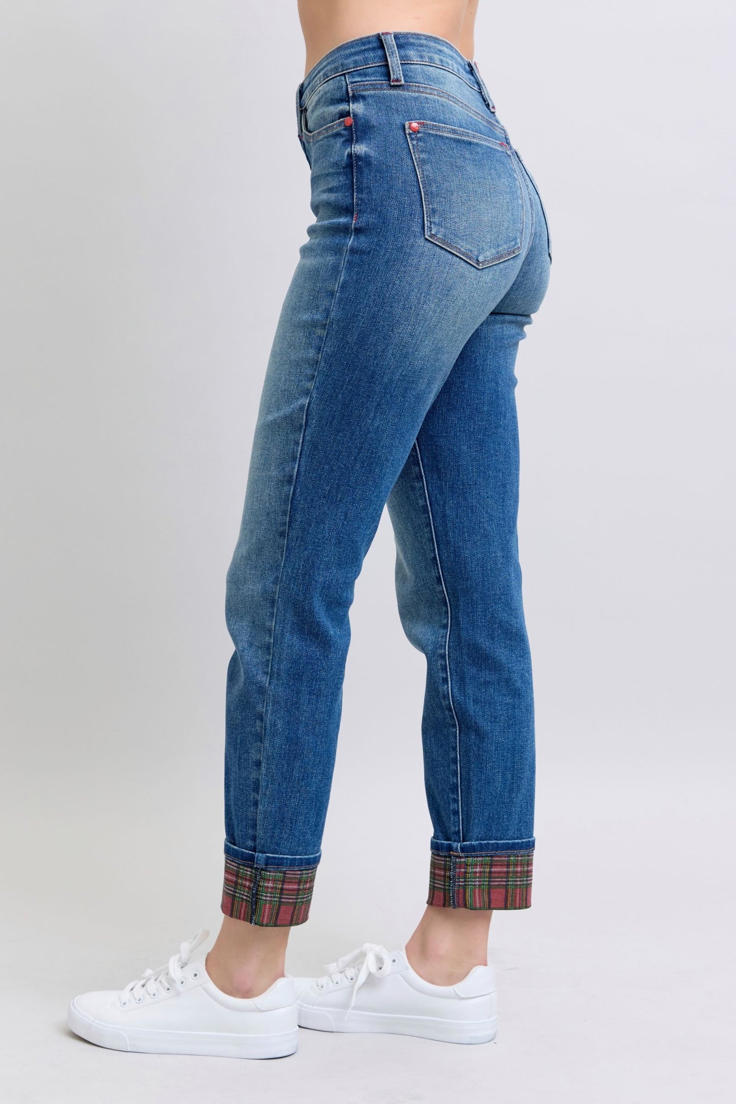 Judy Blue Full Size Plaid Print Cuff Straight Leg Jeans with Pockets - Harmony Haven - Essentials