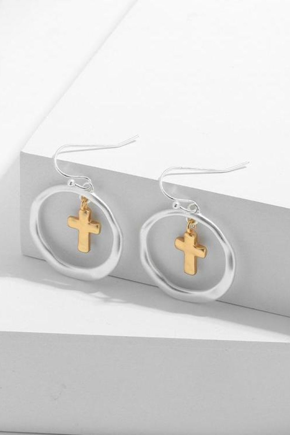 Brass Contrast Cross Dangle Earrings - Harmony Haven - Essentials