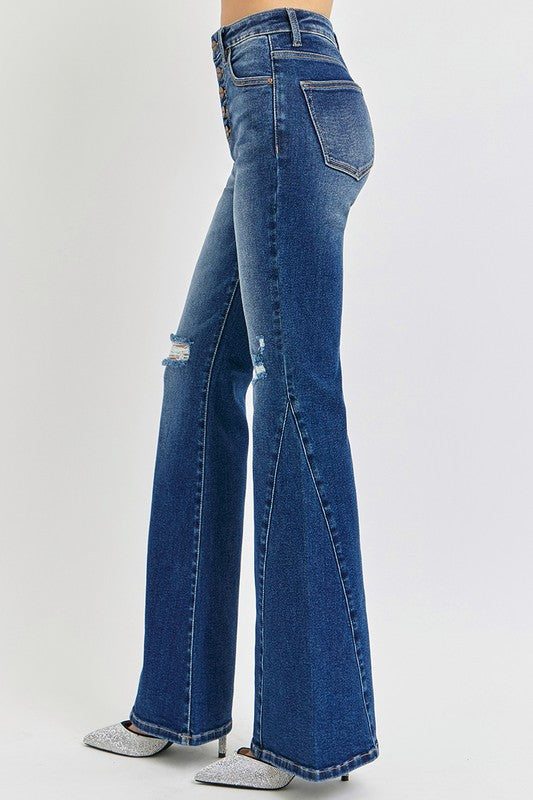 RISEN Distressed Button-Fly Flare Jeans - Harmony Haven - Essentials