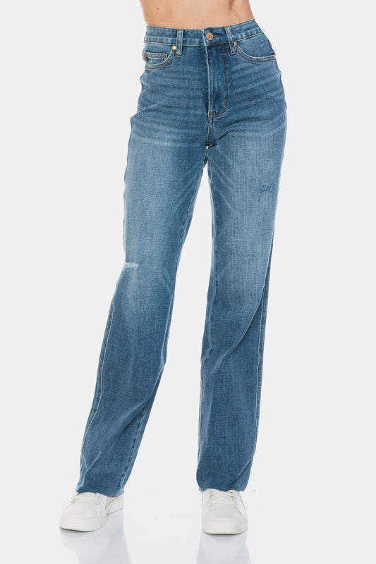 Judy Blue Full Size Tummy Control Cut Raw Hem Straight Jeans - Harmony Haven - Essentials