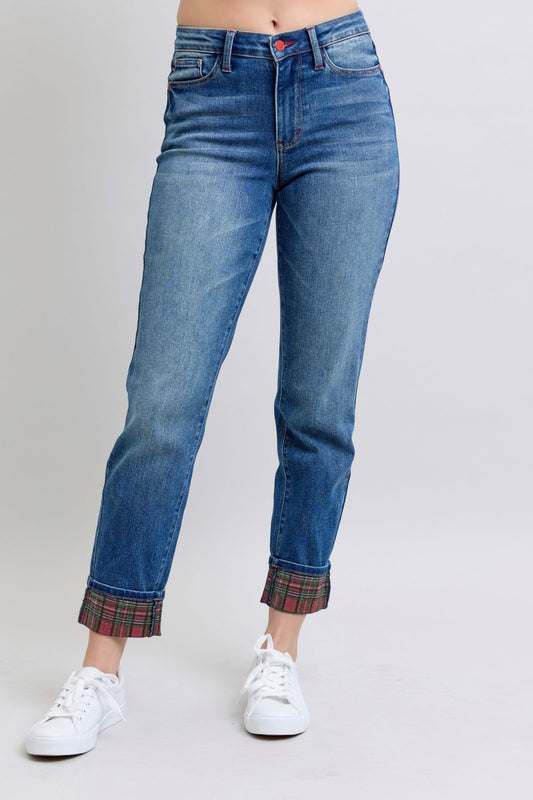 Judy Blue Full Size Plaid Print Cuff Straight Leg Jeans with Pockets - Harmony Haven - Essentials