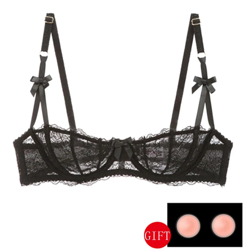 Women's Sheer Floral Lace Balconette Bra – Unlined Underwire Half-Cup Lingerie - Harmony Haven - Essentials