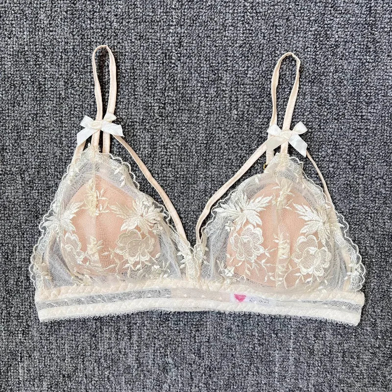 Women's French Lace Bralette – Sheer Floral Wireless Triangle Bra - Harmony Haven - Essentials