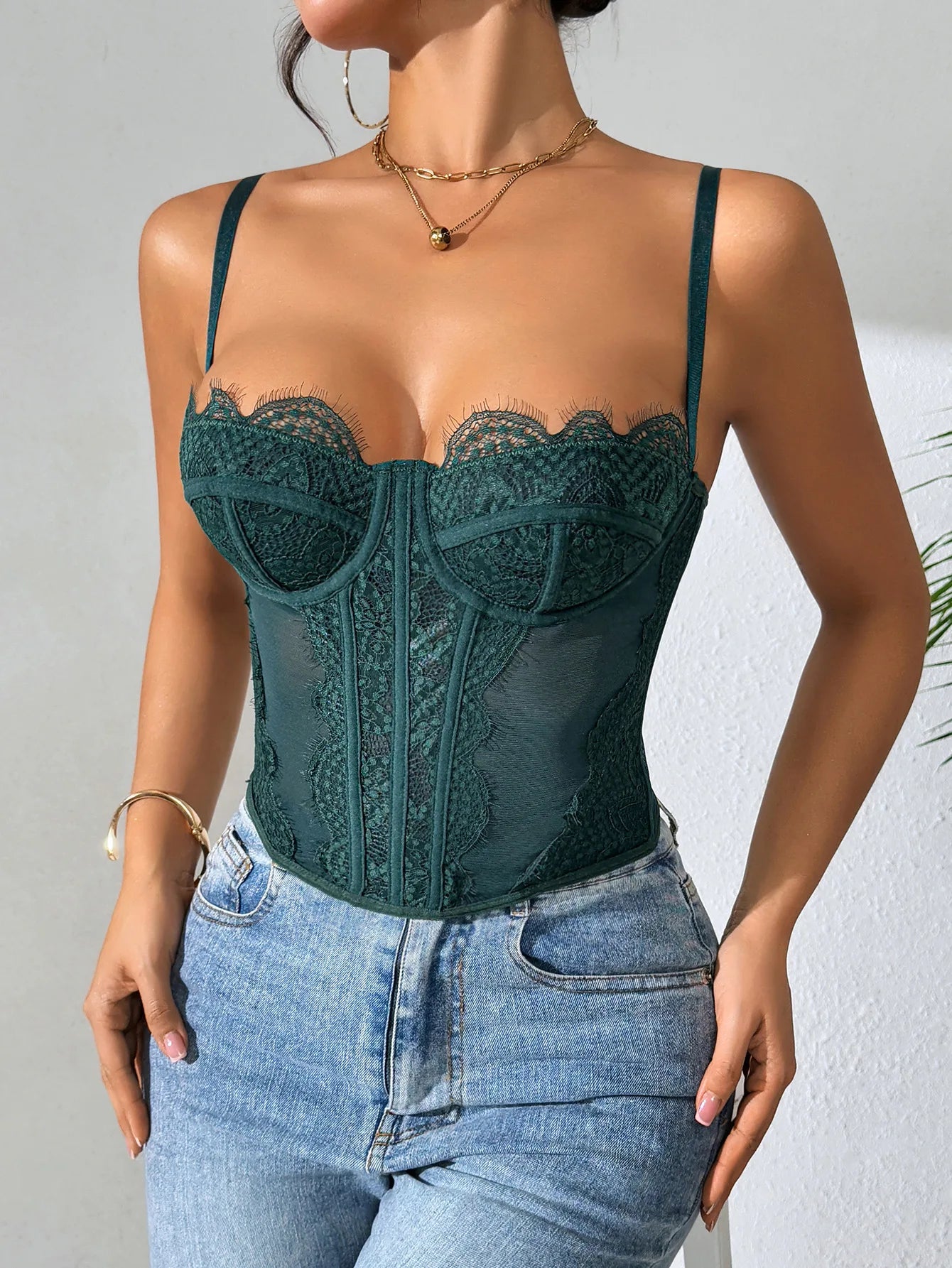 Women's Sheer Mesh Corset Top – Lace Trimmed Spaghetti Strap Bustier Cami - Harmony Haven - Essentials