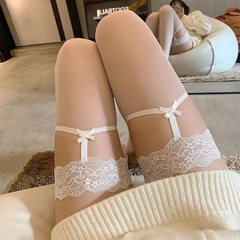 Women's Lace Trim Suspender Thigh-High Stockings – Sheer White Over-the-Knee Hosiery - Harmony Haven - Essentials