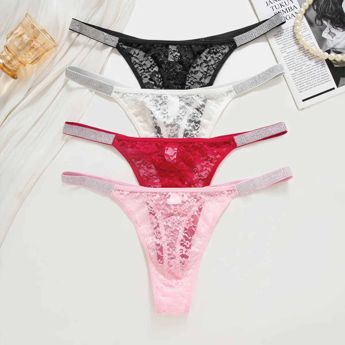 3PCS Women’s Lace G String Panties – Rhinestone Strap Sheer Floral Thongs - Harmony Haven - Essentials