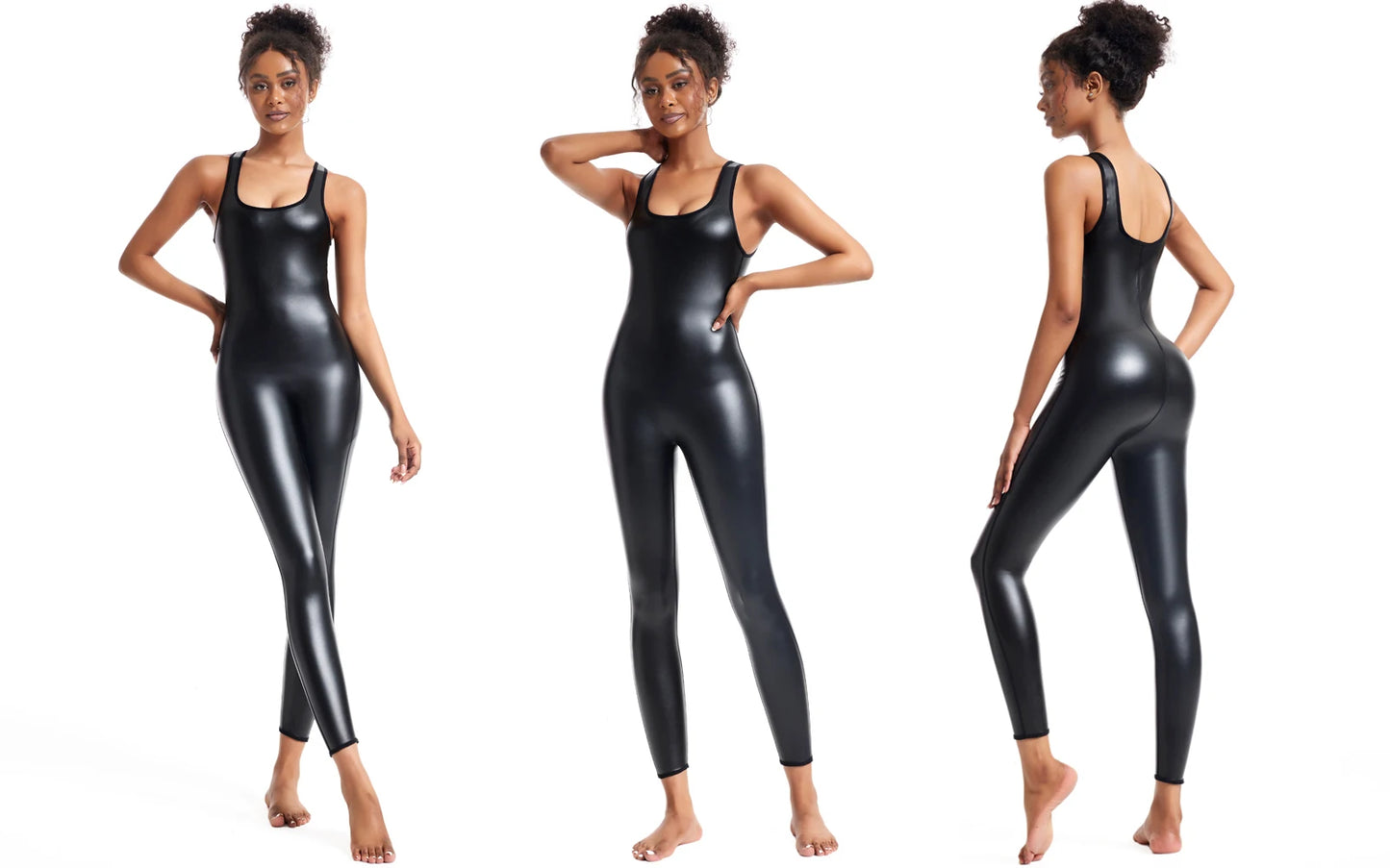 Women's Premium Faux Leather Full-Body Bodysuit – Sleek U-Neck Sleeveless Jumpsuit - Harmony Haven - Essentials