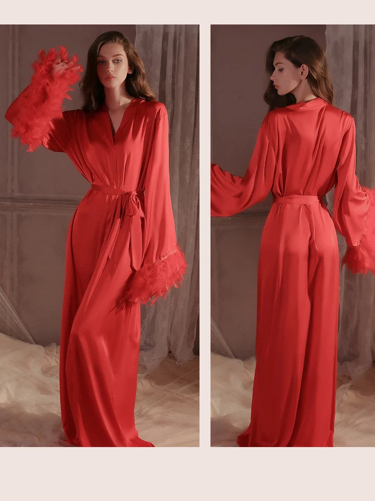 Women's White Satin Feather Bridal Robe – Luxury Mid-Calf Wedding Sleepwear Gown - Harmony Haven - Essentials