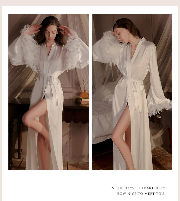 Women's White Satin Feather Bridal Robe – Luxury Mid-Calf Wedding Sleepwear Gown - Harmony Haven - Essentials