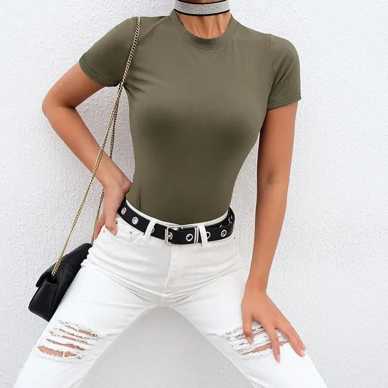 Women's Short Sleeve Cotton-Blend Bodysuit – High-Stretch Casual Bodycon Top - Harmony Haven - Essentials
