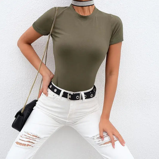 Women's Short Sleeve Cotton-Blend Bodysuit – High-Stretch Casual Bodycon Top - Harmony Haven - Essentials