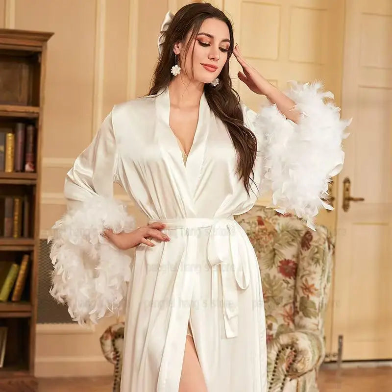 Women's White Satin Feather Bridal Robe – Luxury Mid-Calf Wedding Sleepwear Gown - Harmony Haven - Essentials