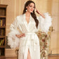Women's White Satin Feather Bridal Robe – Luxury Mid-Calf Wedding Sleepwear Gown - Harmony Haven - Essentials