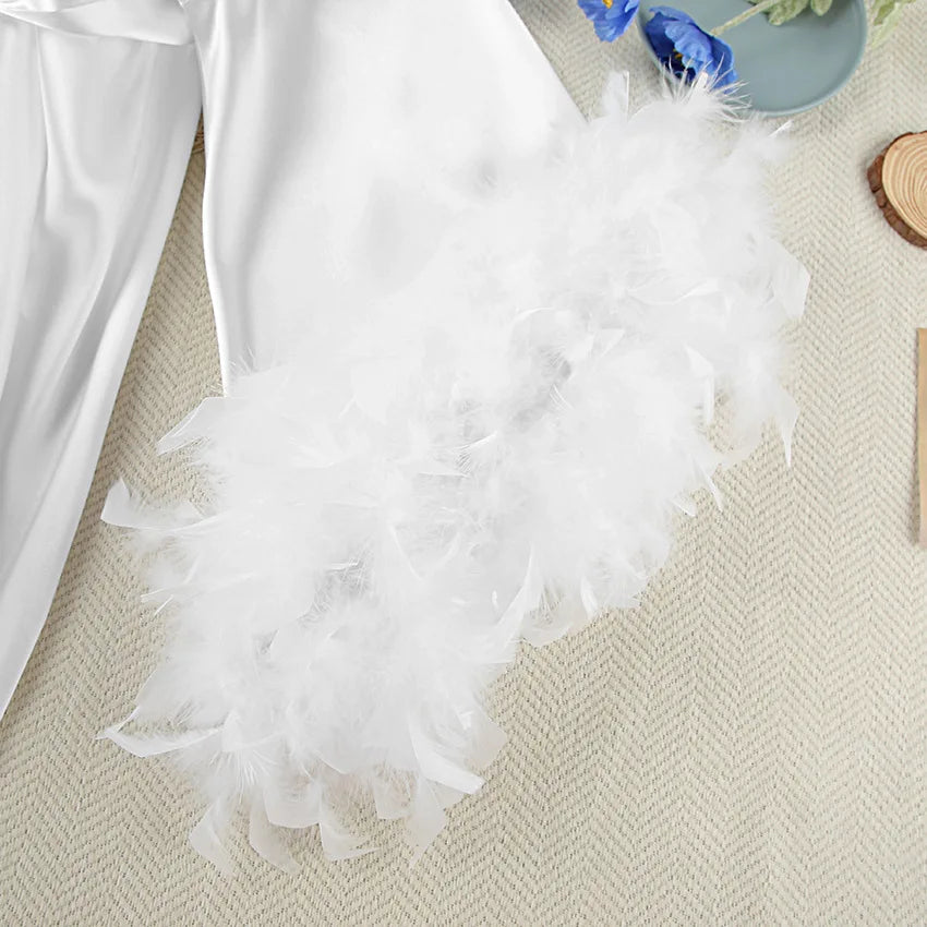 Women's Luxury Silk Feather Boudoir Robe – Long Bridal Kimono Maxi Dress - Harmony Haven - Essentials