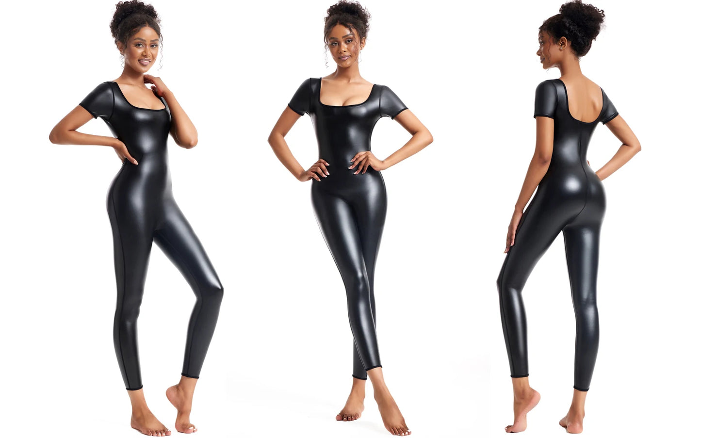 Women's Premium Faux Leather Full-Body Bodysuit – Sleek U-Neck Sleeveless Jumpsuit - Harmony Haven - Essentials