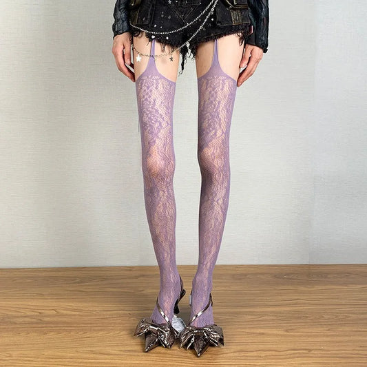 Women's Floral Mesh Fishnet Tights – Elegant Purple Sheer Stockings - Harmony Haven - Essentials