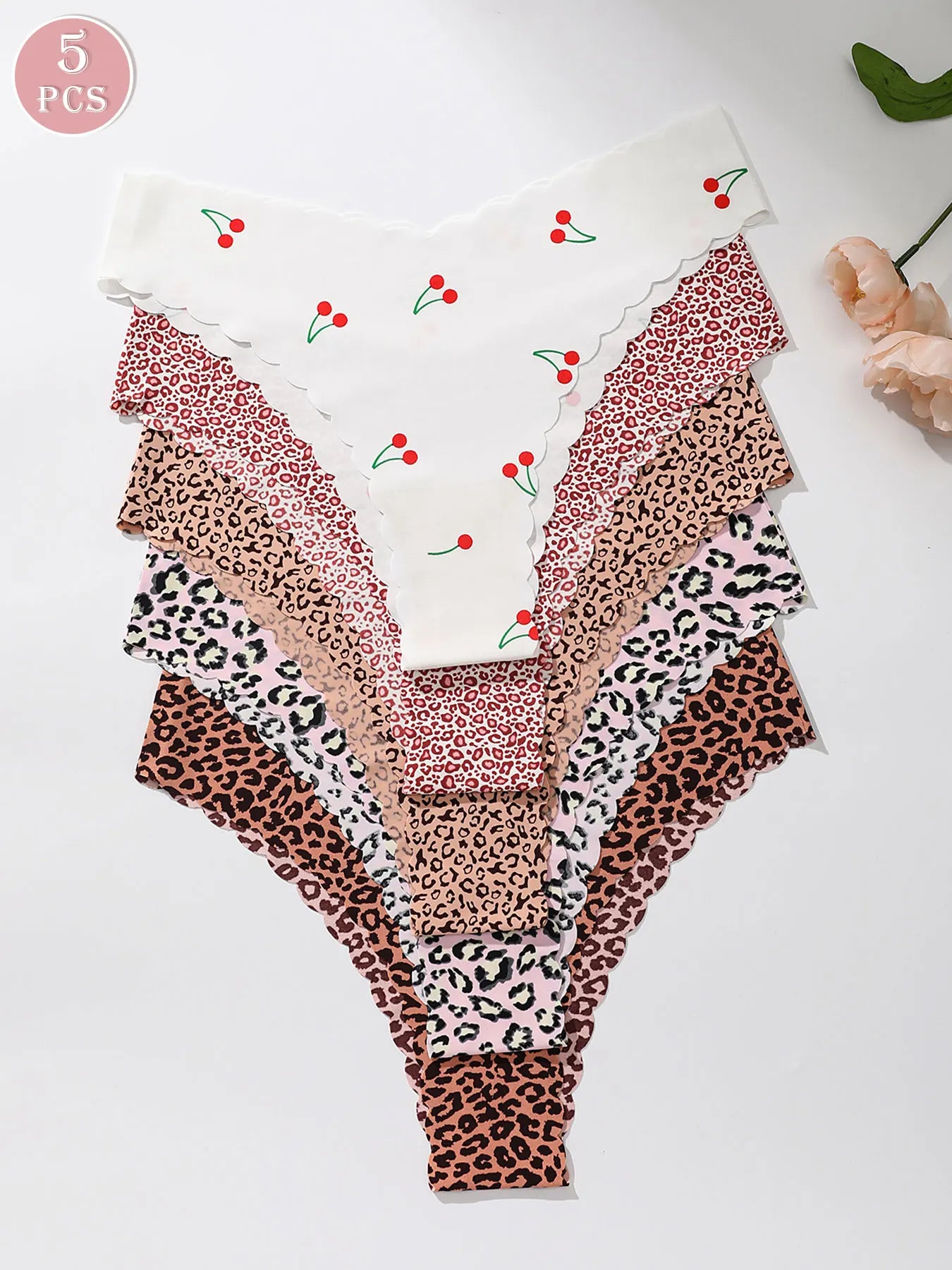 5-Piece Women's Printed Panties Set – Wavy Edge Soft Low-Rise Briefs - Harmony Haven - Essentials