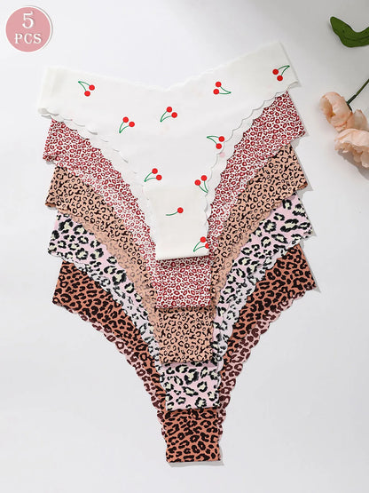 5-Piece Women's Printed Panties Set – Wavy Edge Soft Low-Rise Briefs - Harmony Haven - Essentials