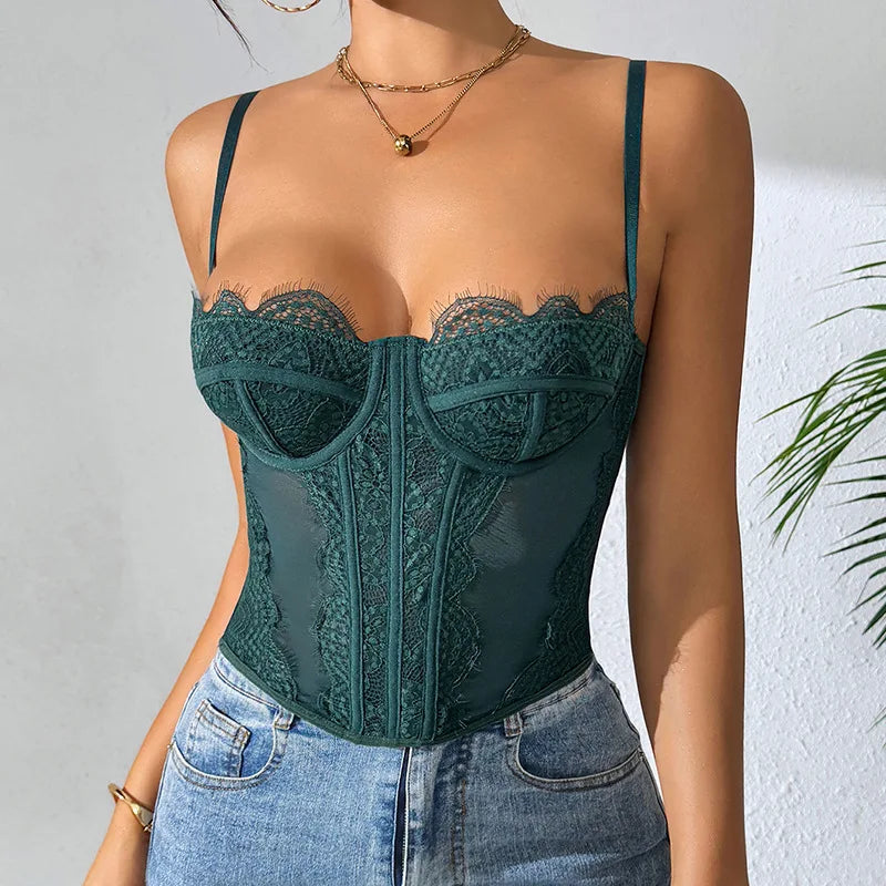 Women's Sheer Mesh Corset Top – Lace Trimmed Spaghetti Strap Bustier Cami - Harmony Haven - Essentials