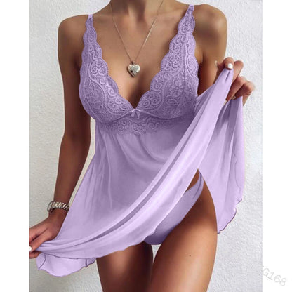 Women's Plus Size Sheer Lace Babydoll Nightgown – Elegant V-Neck Mini Dress - Harmony Haven - Essentials