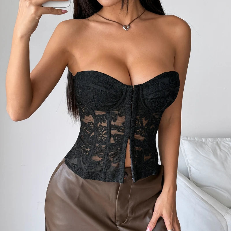 Women's Embroidered Lace Fishbone Corset Top – Strapless Backless Bustier Crop Top - Harmony Haven - Essentials