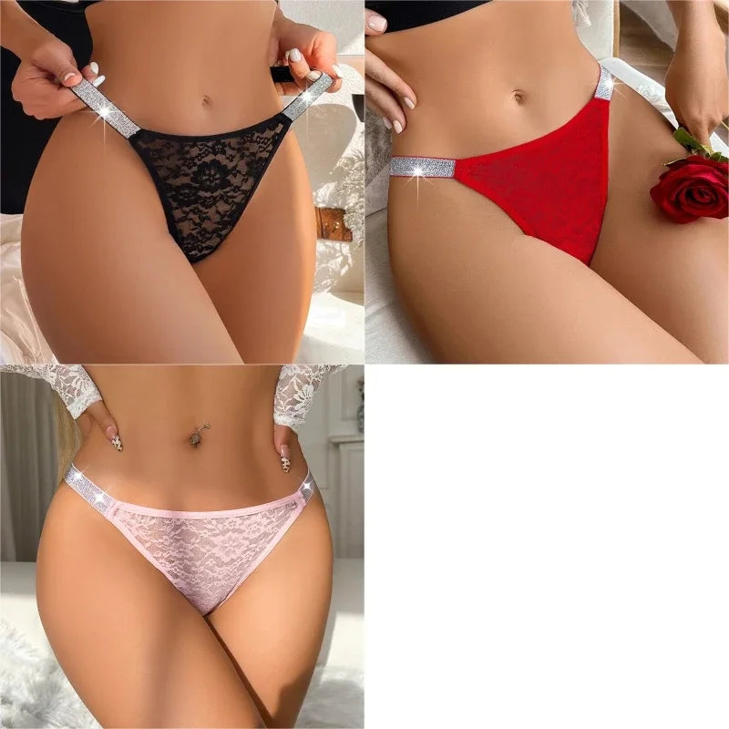 3PCS Women’s Lace G String Panties – Rhinestone Strap Sheer Floral Thongs - Harmony Haven - Essentials
