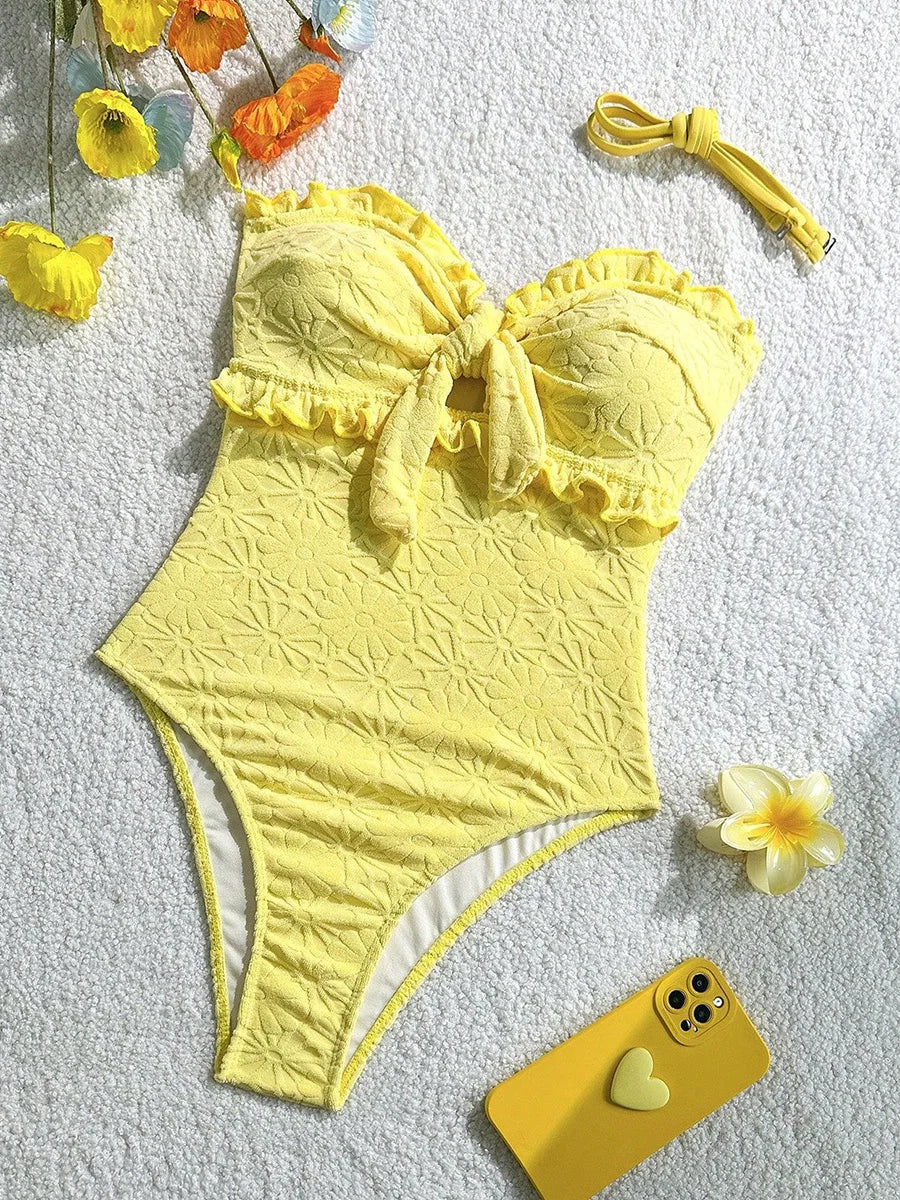 Women's Floral Print One-Piece Swimsuit – Strapless Ruffle Off-Shoulder Monokini - Harmony Haven - Essentials