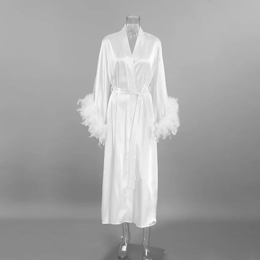 Women's Luxury Silk Feather Boudoir Robe – Long Bridal Kimono Maxi Dress - Harmony Haven - Essentials