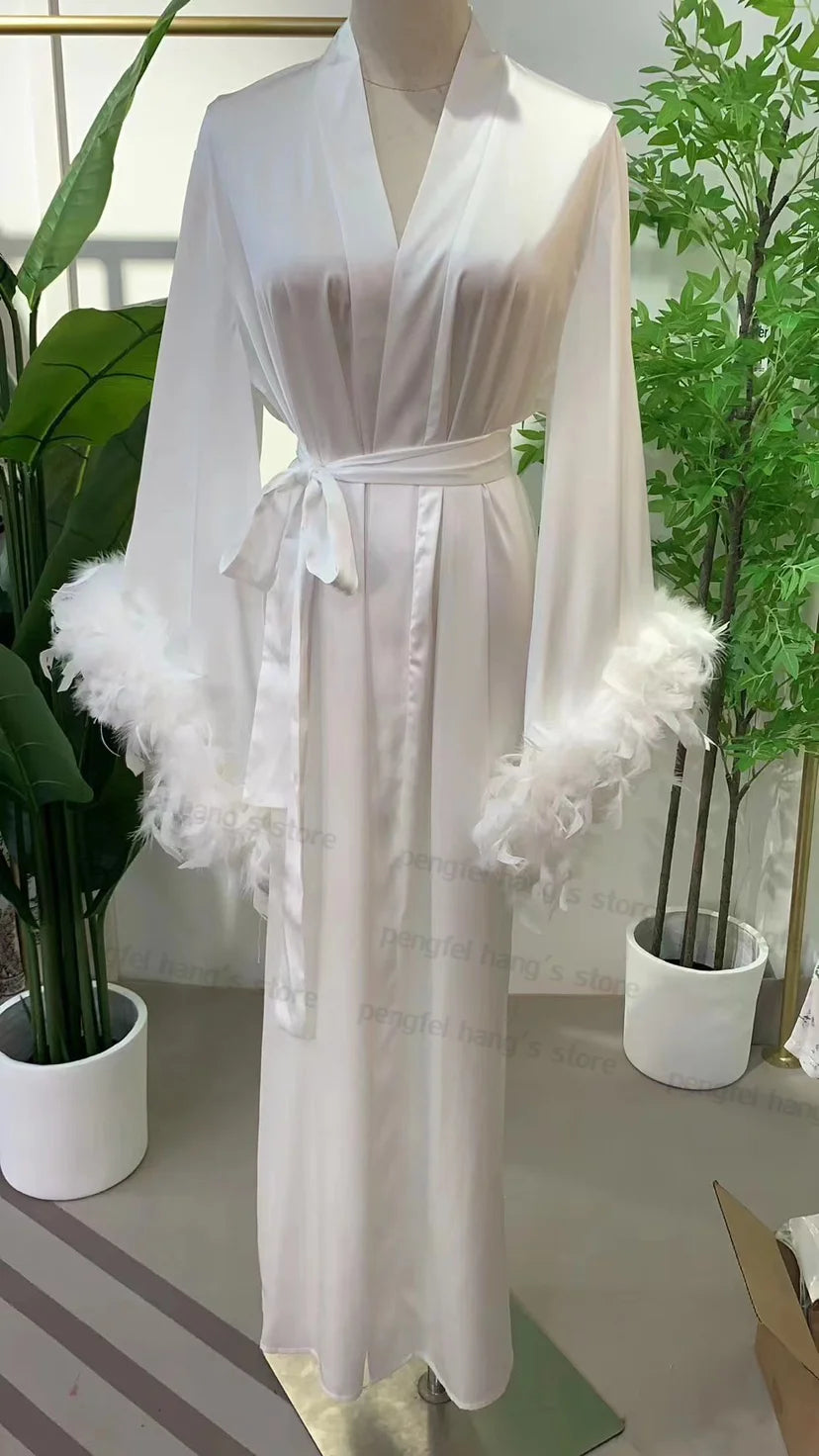 Women's White Satin Feather Bridal Robe – Luxury Mid-Calf Wedding Sleepwear Gown - Harmony Haven - Essentials