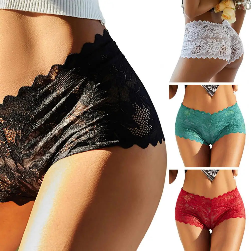 Women's Sheer Floral Lace Briefs – Breathable Mid-Rise Hollow-Out Underwear - Harmony Haven - Essentials