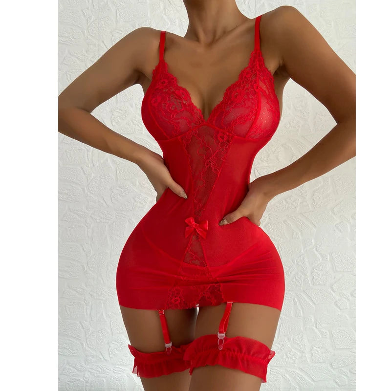 Women's Plus Size Sheer Lace Babydoll Nightgown – Elegant V-Neck Mini Dress - Harmony Haven - Essentials