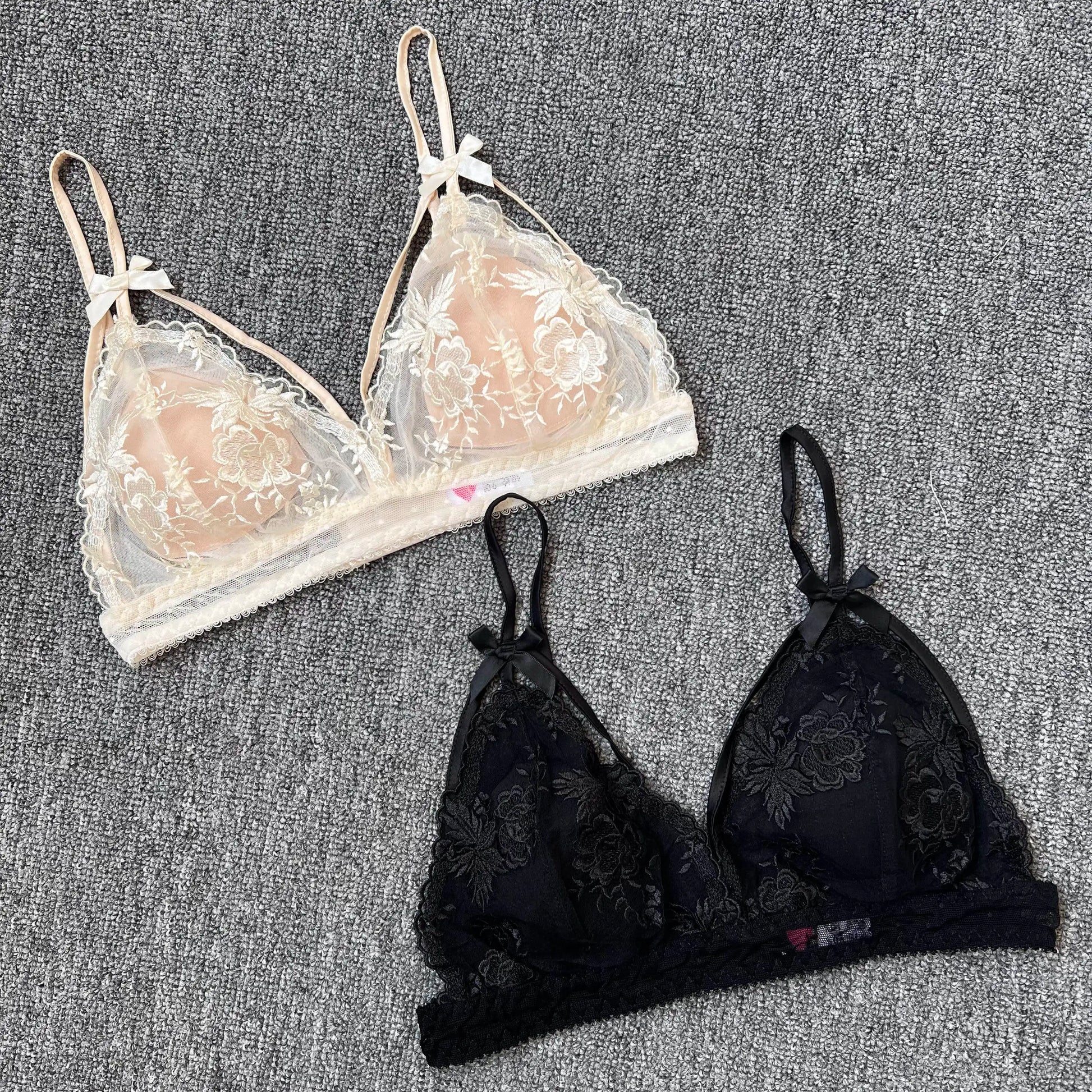 Women's French Lace Bralette – Sheer Floral Wireless Triangle Bra - Harmony Haven - Essentials