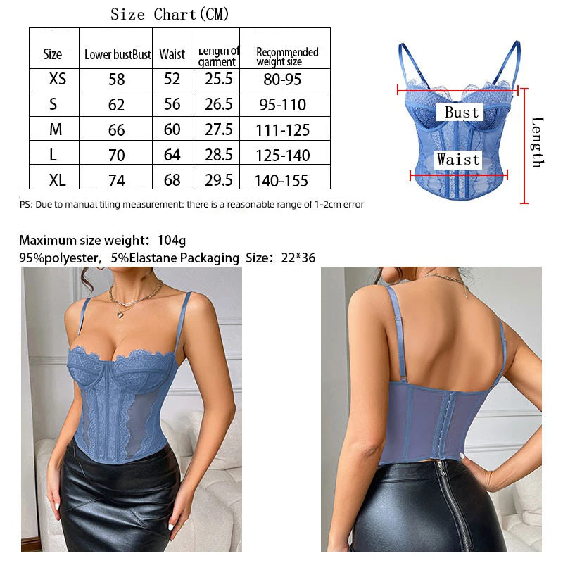 Women's Sheer Mesh Corset Top – Lace Trimmed Spaghetti Strap Bustier Cami - Harmony Haven - Essentials