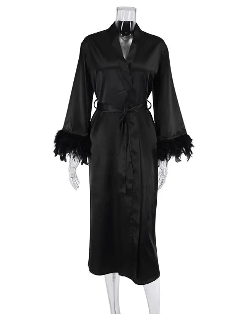 Women's Luxury Silk Feather Boudoir Robe – Long Bridal Kimono Maxi Dress - Harmony Haven - Essentials