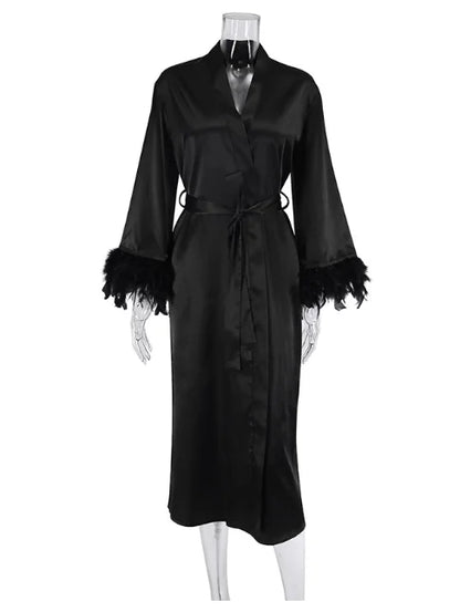 Women's Luxury Silk Feather Boudoir Robe – Long Bridal Kimono Maxi Dress - Harmony Haven - Essentials