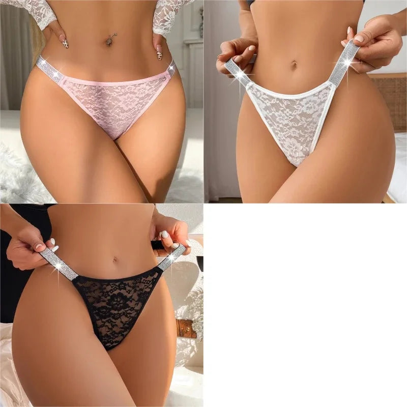 3PCS Women’s Lace G String Panties – Rhinestone Strap Sheer Floral Thongs - Harmony Haven - Essentials
